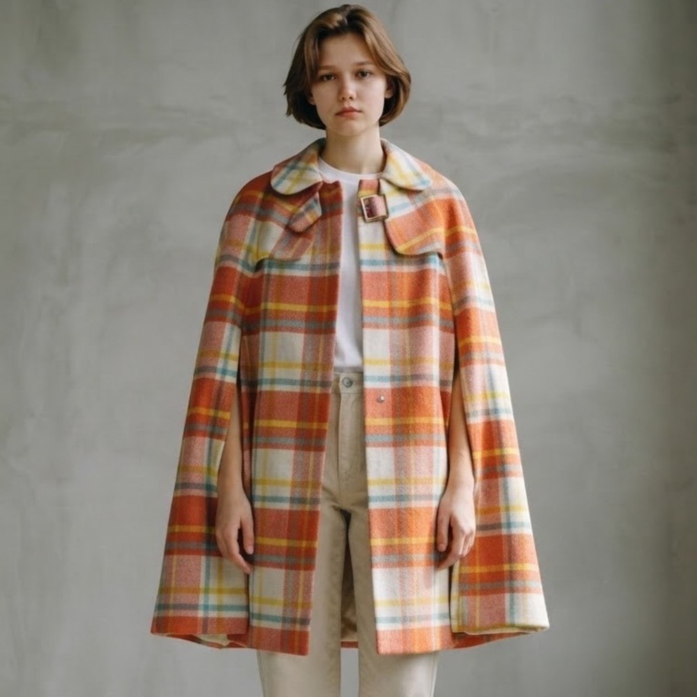 Vintage Wool Plaid Cape Poncho Orange Yellow Belted Mid Century Modern Medium